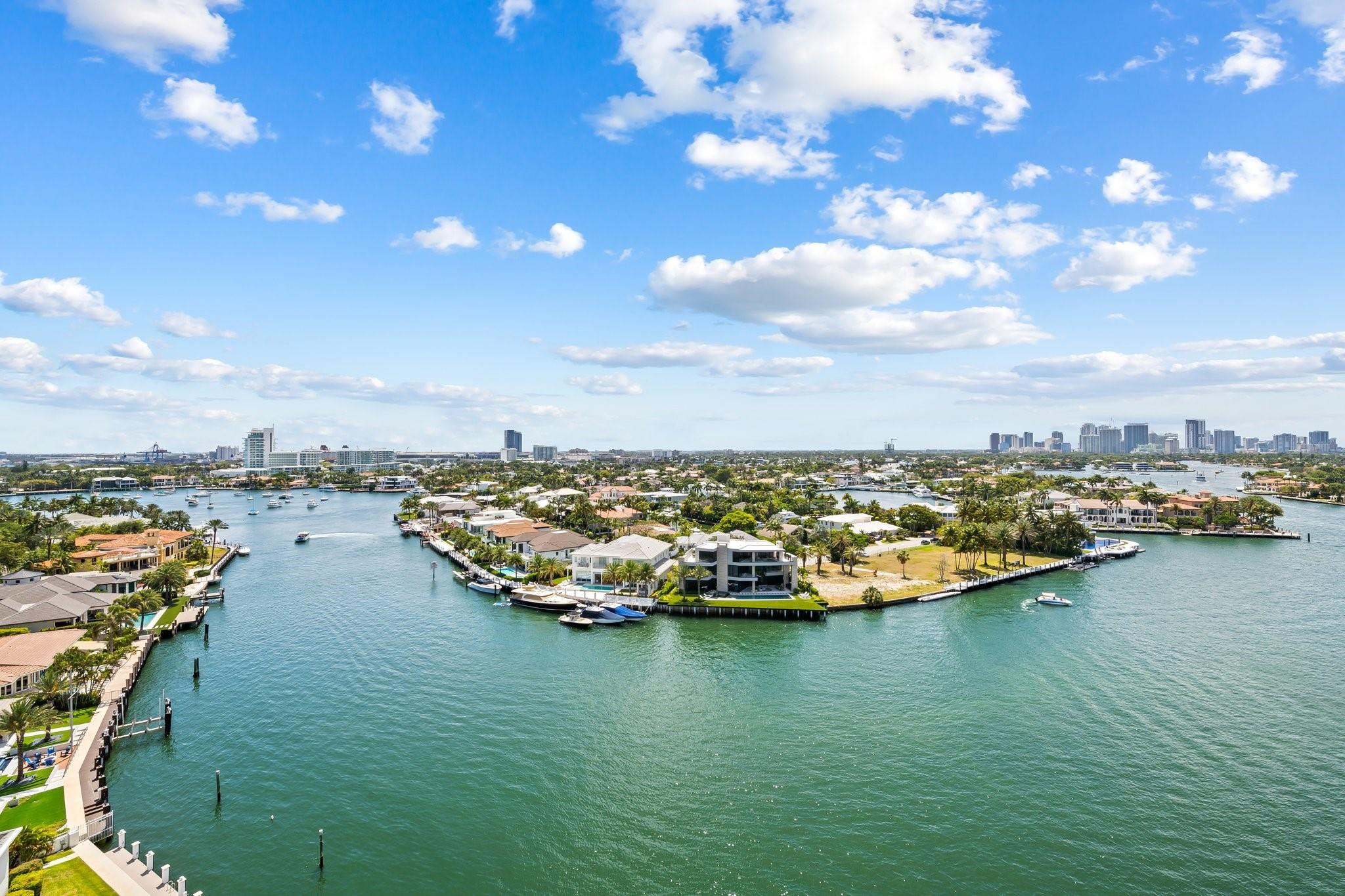 Expansive waterfront properties with private dockage, surrounded by navigable waterways