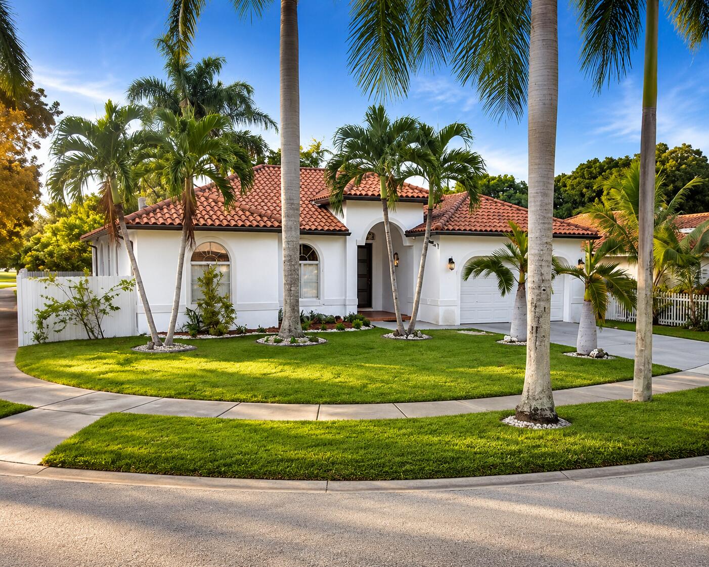 Stunning Spanish/Mediterranean facade featuring a tiled roof, lush palm trees, and a spacious front entrance.