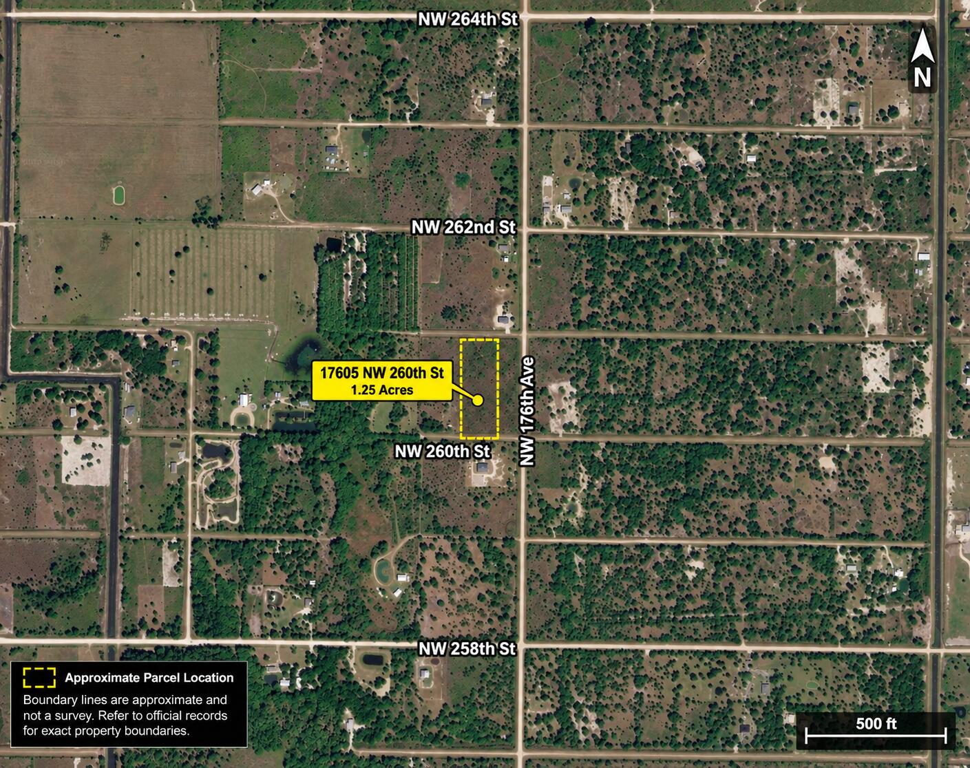 Aerial view showing the approx. location of the 1.25 acre parcel at 17605 NW 260th Street. Boundary depiction is approximate and not a survey