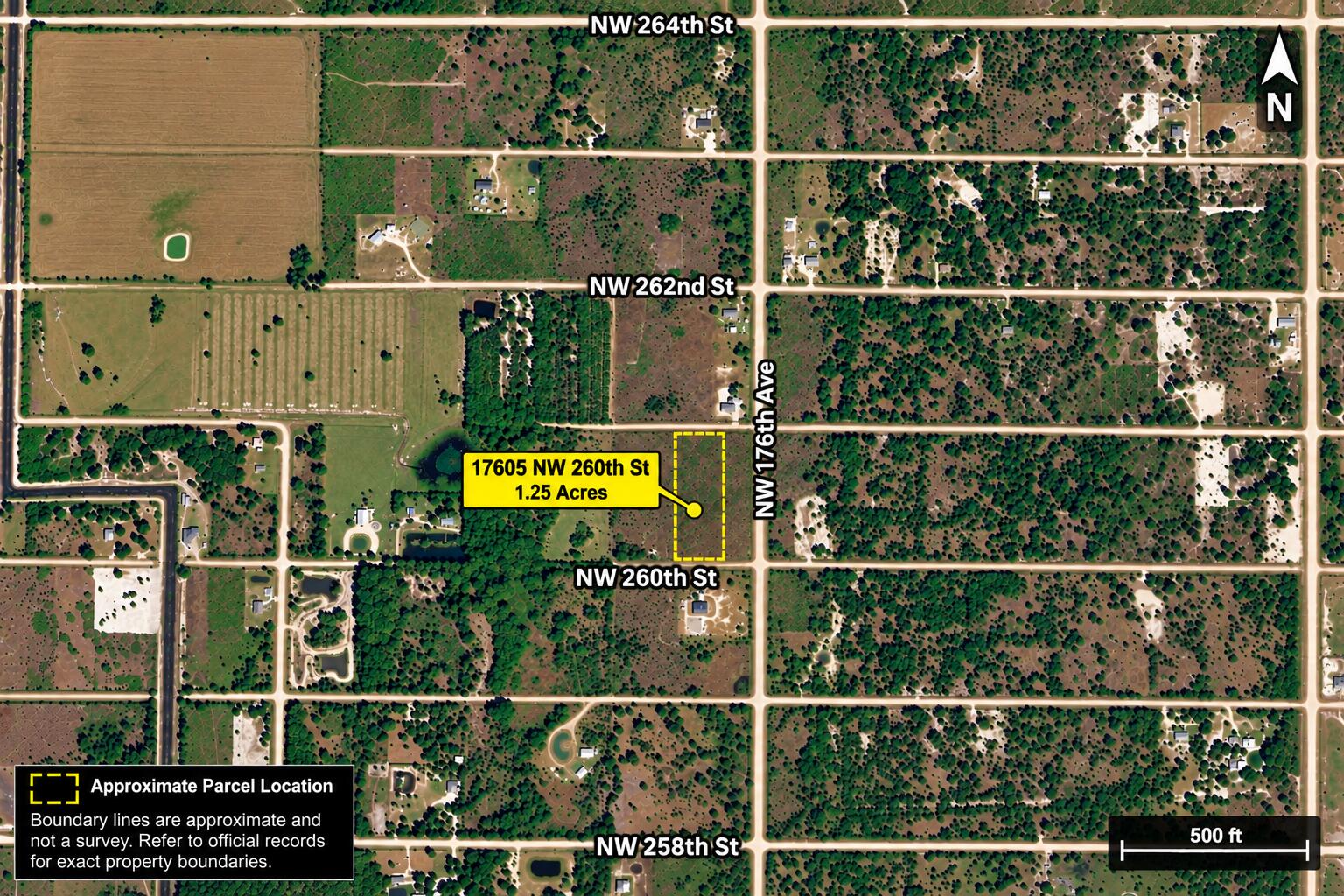 Aerial view showing the approximate location of the 1.25 acre parcel at 17605 NW 260th Street. Boundary depiction is approximate and not a survey.