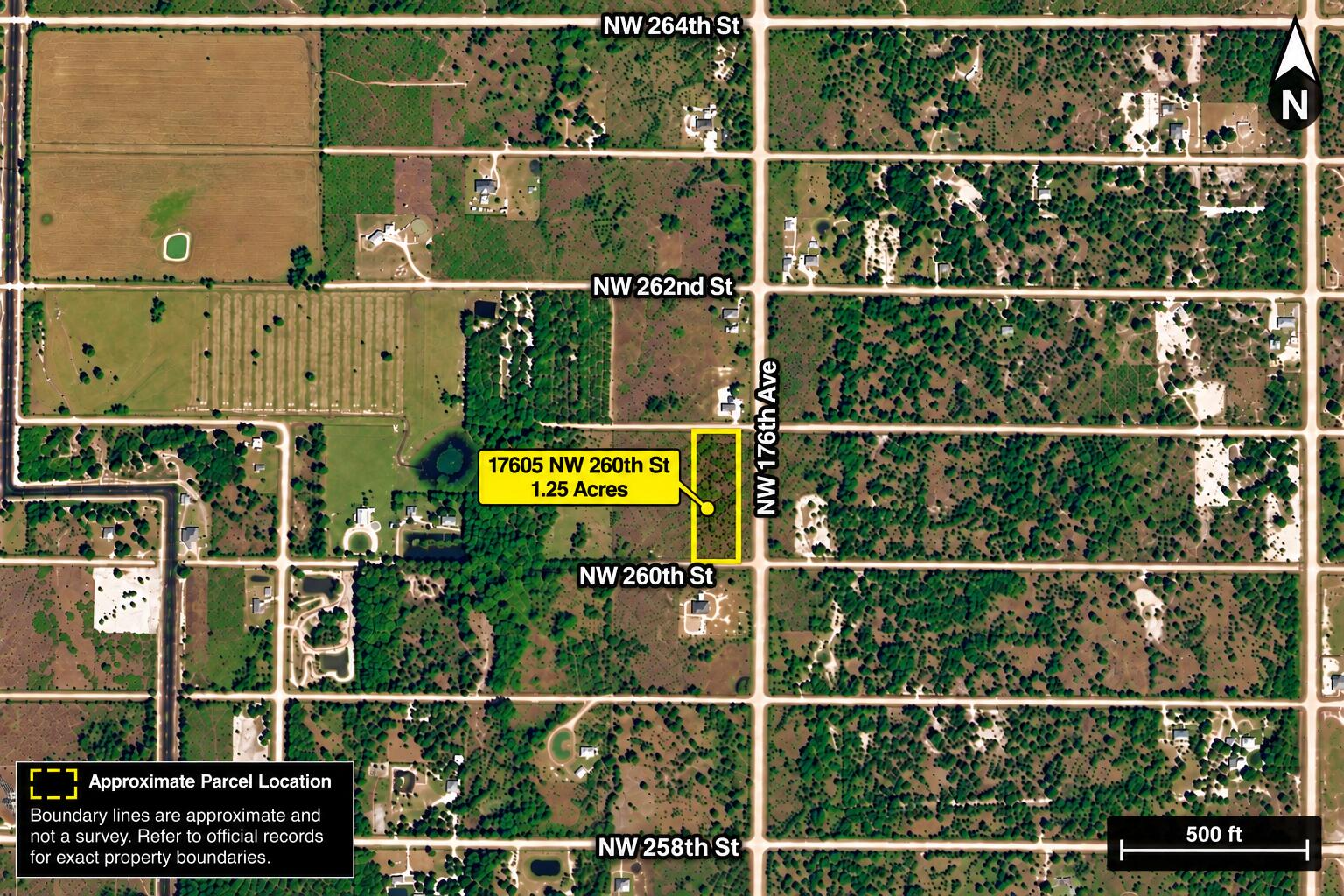 Aerial view showing the approximate location of the 1.25 acre oparcel at 17605 NW 260th Street. Boundary depiction is approximate and NOT a survey