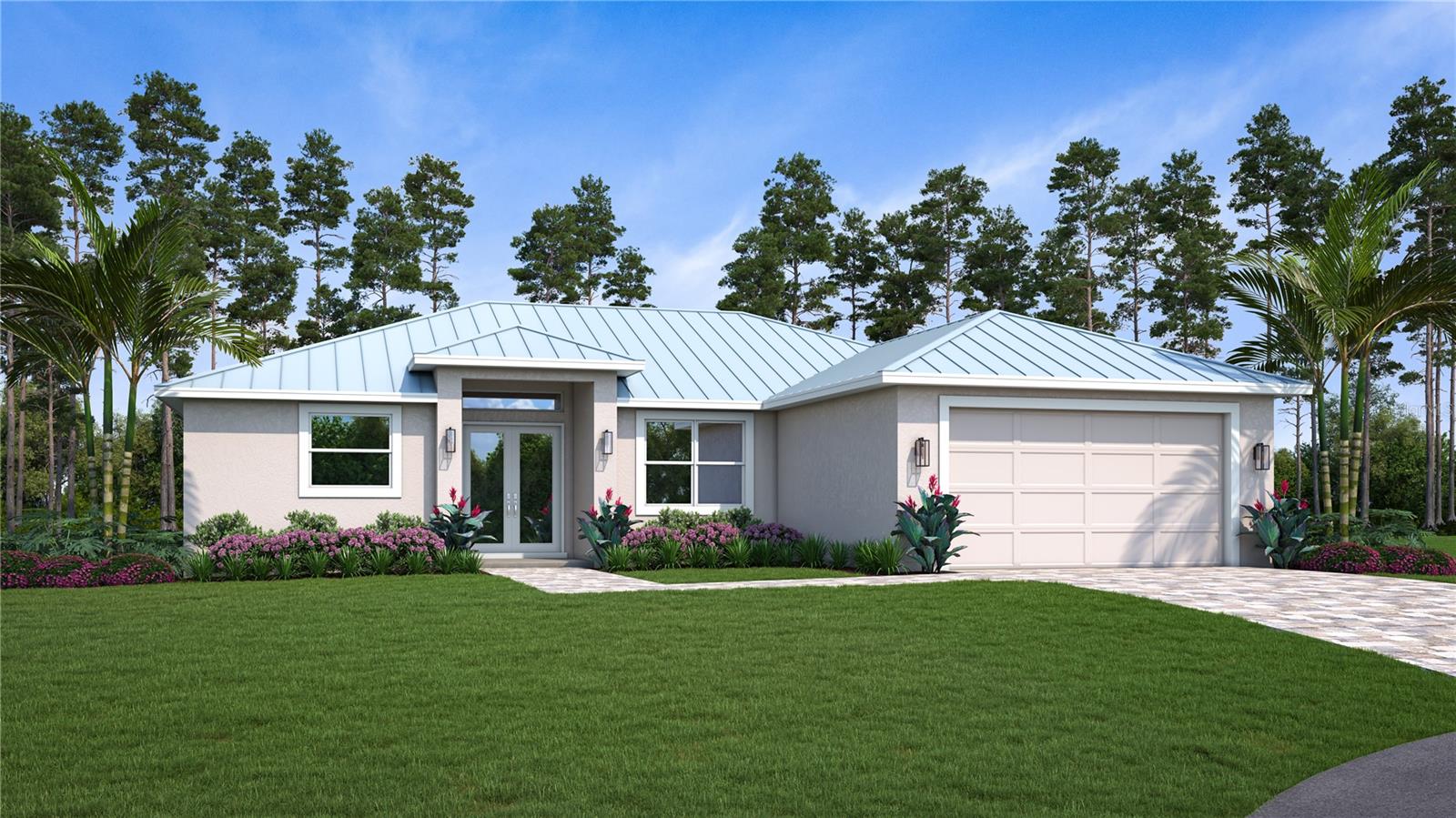 Stucco, metal roof.